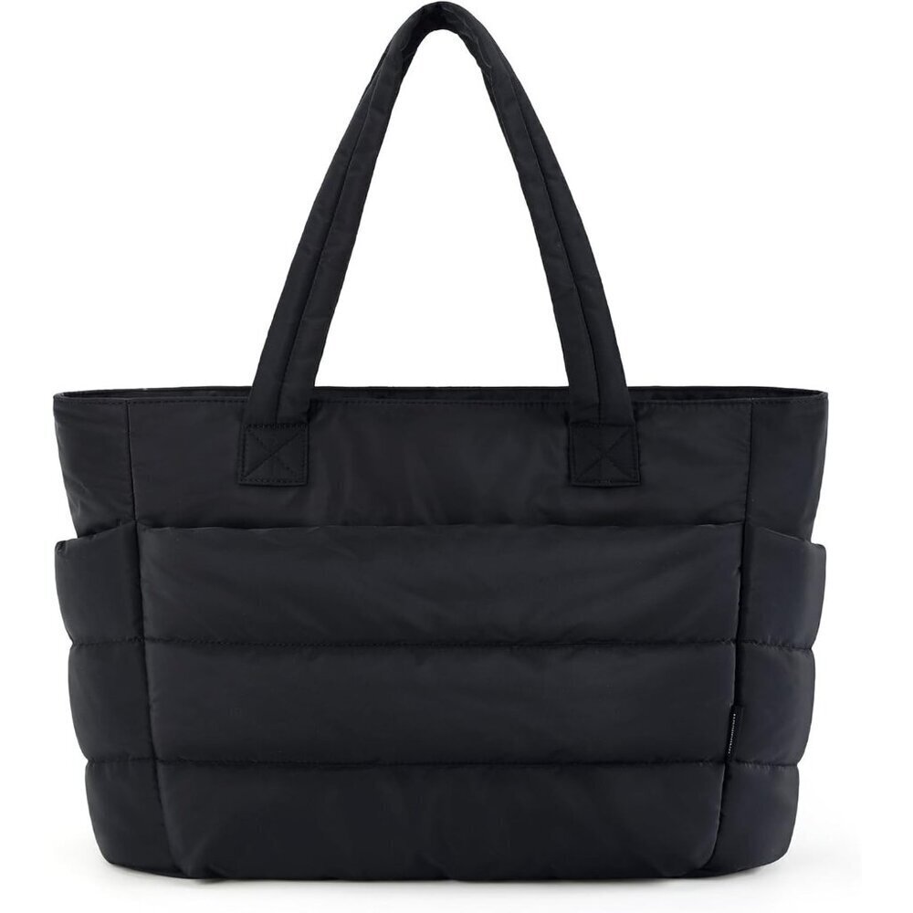 Women Black Lightweight Puffy Tote Bag for Travel Beach Gym With Multi-pocket